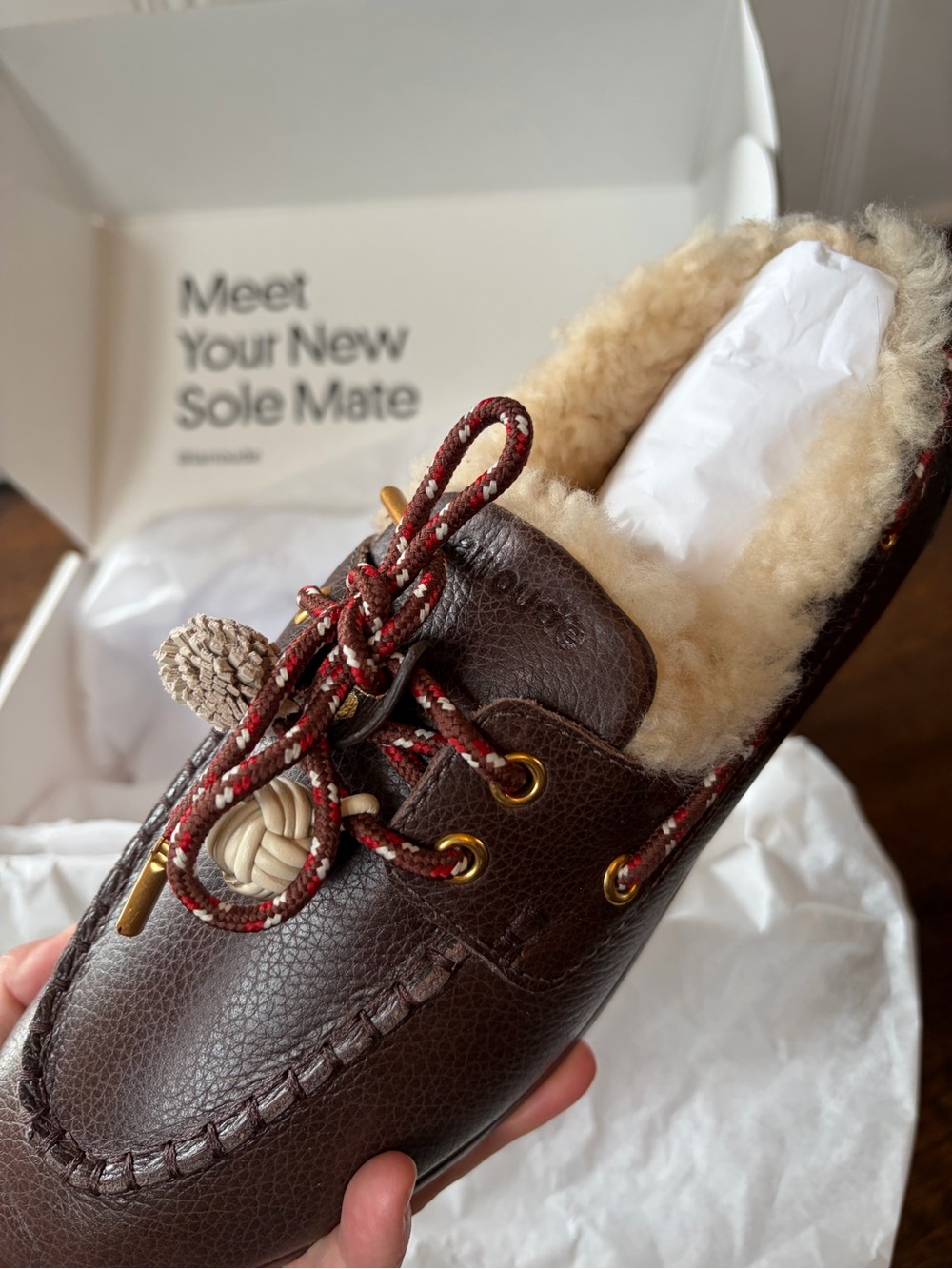 Larroude Brown Faux-Shearling Lined Moccasin Slipper with Red Accent Laces
